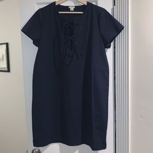 Navy Shift Dress with Criss-Cross Tie Neckline